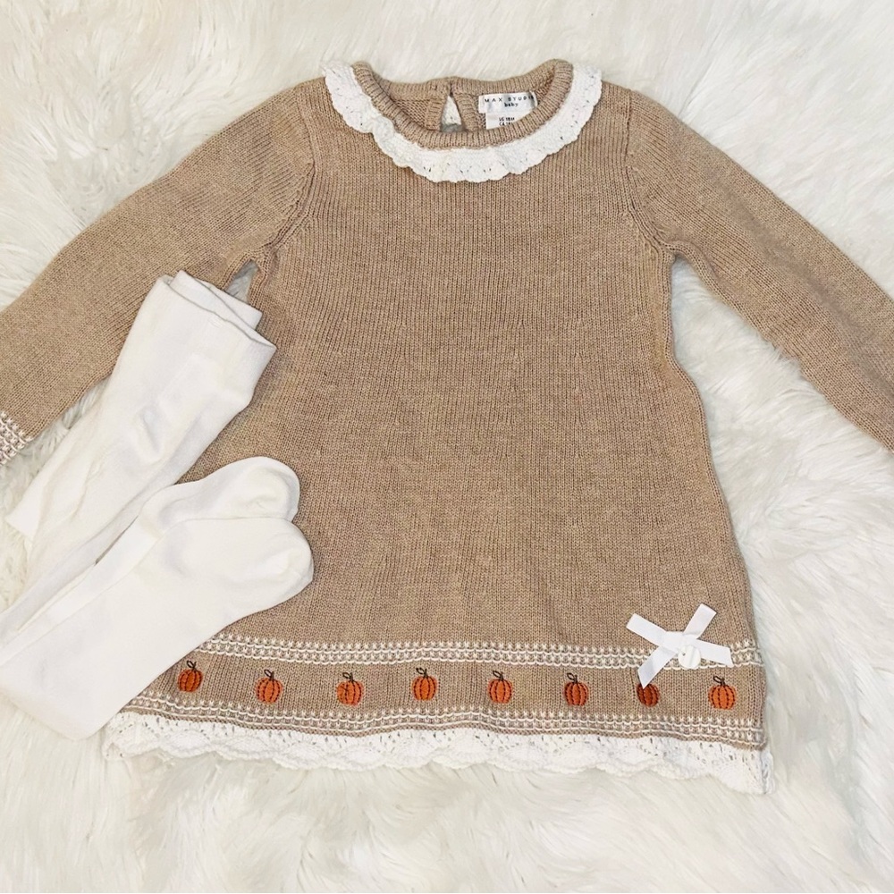 Tan Knit Holiday Thanksgiving Festive Dress with Pumpkin Accents and tights